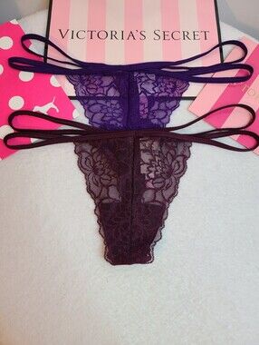 Retired VS PINK 2pk Floral Lace Strappy Side V-string Thong Panties Size M